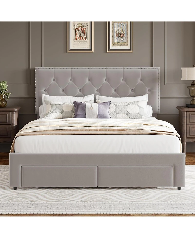 gaomon Bed Frame with 2 Storage Drawers, Vintage Headboard Bedframe upholstered Platform, Wooden Slat Support, Noise Free