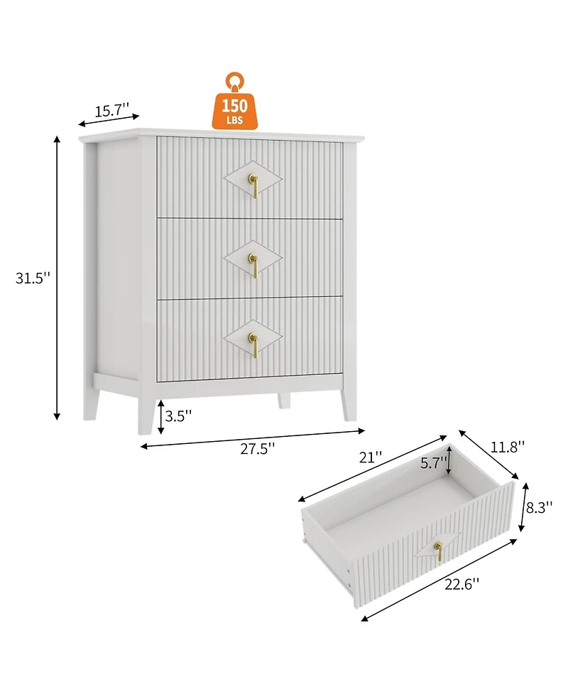 gaomon "28" wide modern 3 drawer dresser with metal handle—wood storage chest for bedroom or living room."