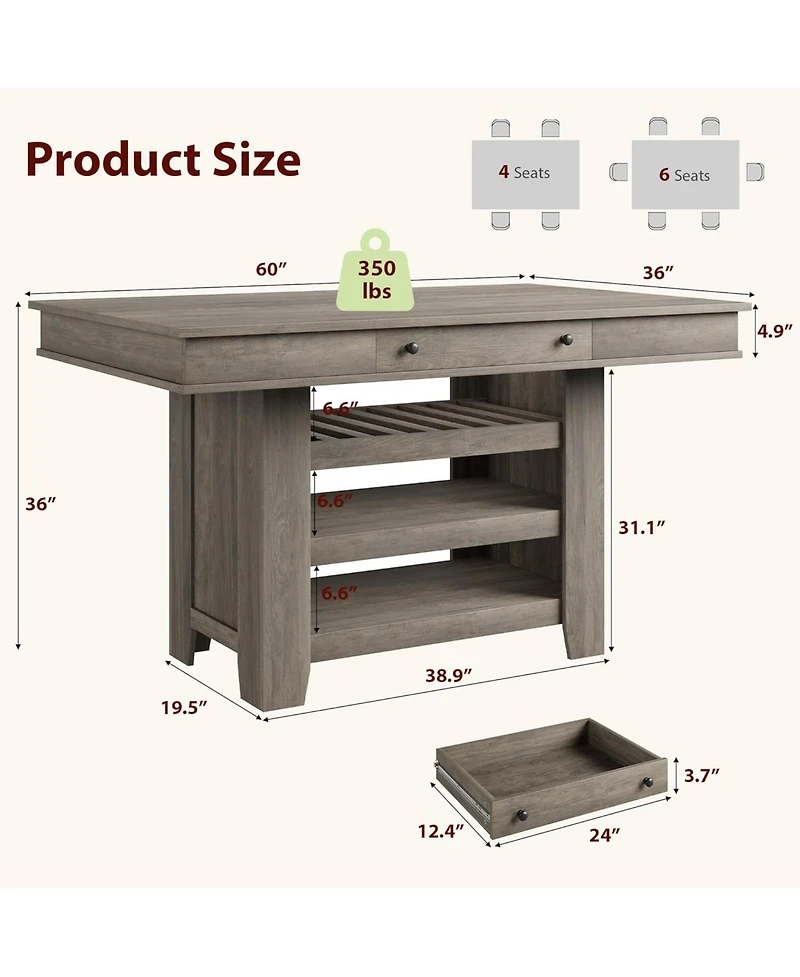 gaomon 60" Counter Height Dining Table for 4, Farmhouse Rectangular Tall Bar Height Kitchen Dining Table & Thick Table Top, with Deepened Wine Ra