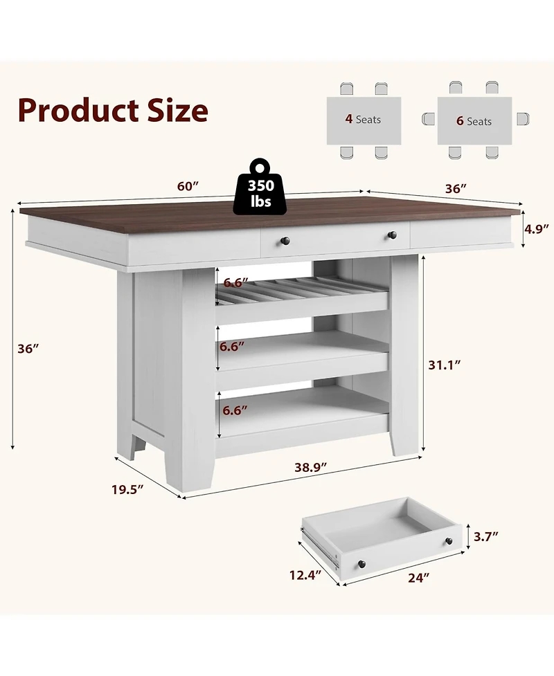 gaomon 60" Counter Height Dining Table for 4, Farmhouse Rectangular Tall Bar Height Kitchen Dining Table & Thick Table Top, with Deepened Wine Ra