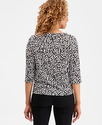 Jm Collection Petite Scattered Leaves Twist-Front Boat Neck Top, Macy's Exclusive