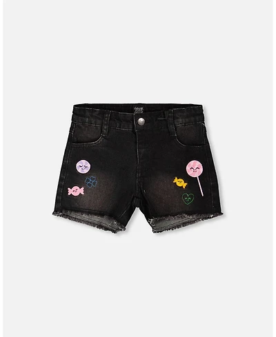 Deux par Deux Big Girls Black Denim Shorts with Embroidery