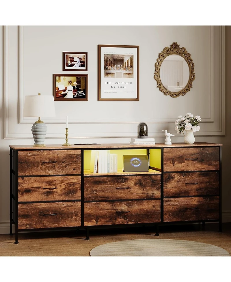 gaomon 63" Tv Stand with 8 Fabric Drawers and Led Lighting, Steel Frame Media Console for 65 70 75 Inch Televisions