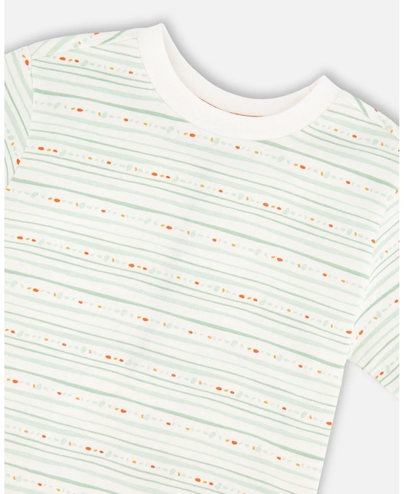 Draft - Deux par Toddler Boys Cotton T-Shirt White Printed Mint Green Lines