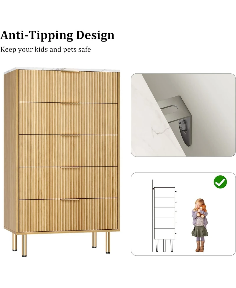 gaomon 5-drawer dresser is a 47.9" tall wood piece with a fluted design and metal handles, designed as a functional chest of drawers