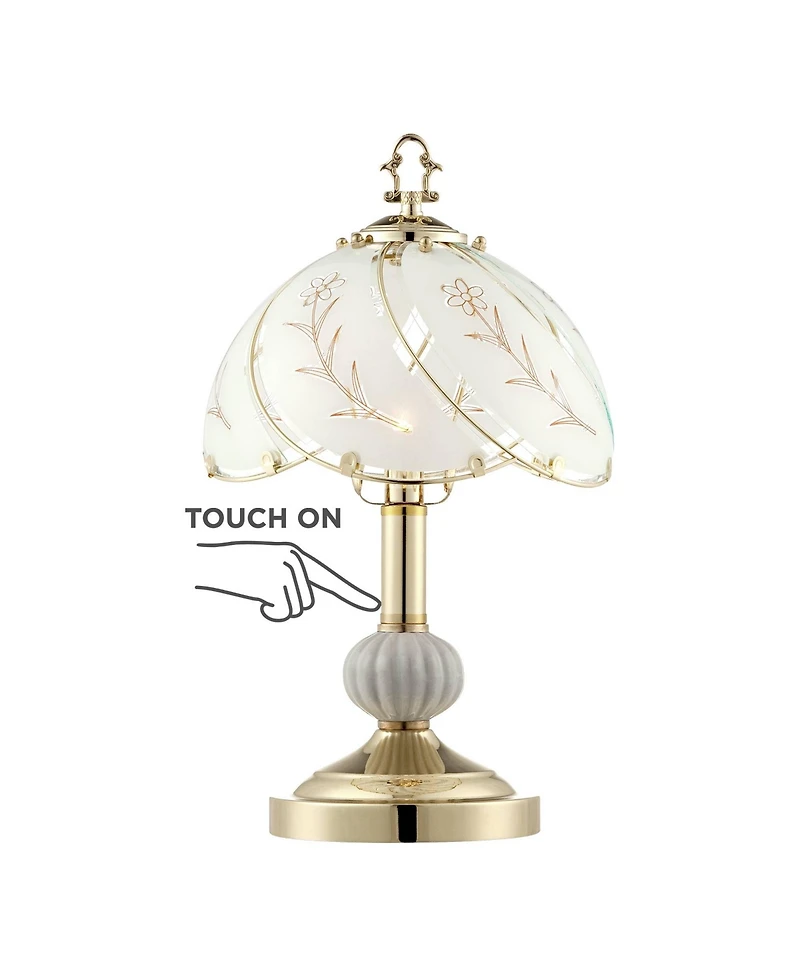 Regency Hill Traditional Accent Table Lamp 15" High Polished Brass Floral Etched Glass Shade Touch On Off for Bedroom Bedside