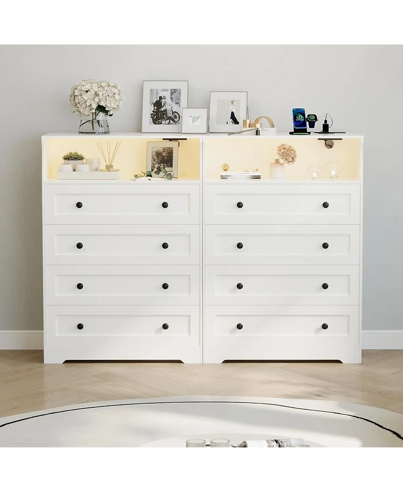 gaomon 4 Drawer Wood Dressers for Bedroom with Led Lights and Charging Station, Modern Nightstand Bedside, Wooden Chest of Drawers