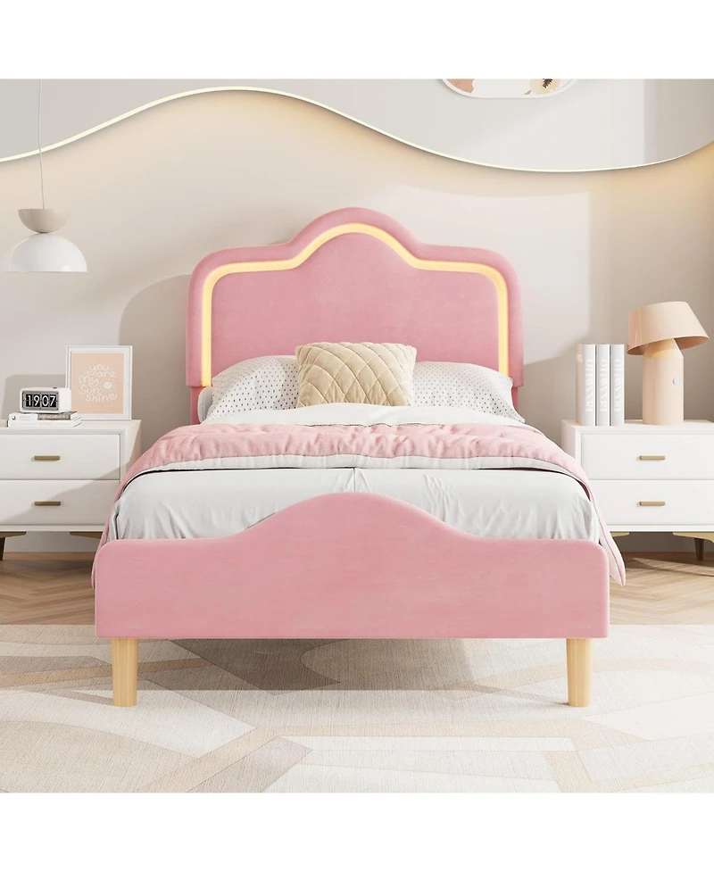 Gaomon Twin Size Bed Frame with Adjustable Led Headboard, Velvet Upholstered Princess Platform Bedframe with Footboard for Kids/Girls