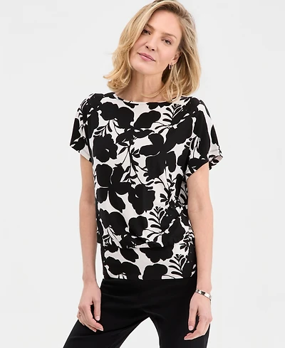 Jm Collection Women's Printed Banded-Hem Short-Sleeve Knit Top, Macy's Exclusive