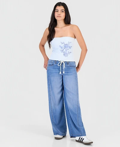 Celebrity Pink Juniors' Light-Weight Wide-Leg Drawstring Jeans