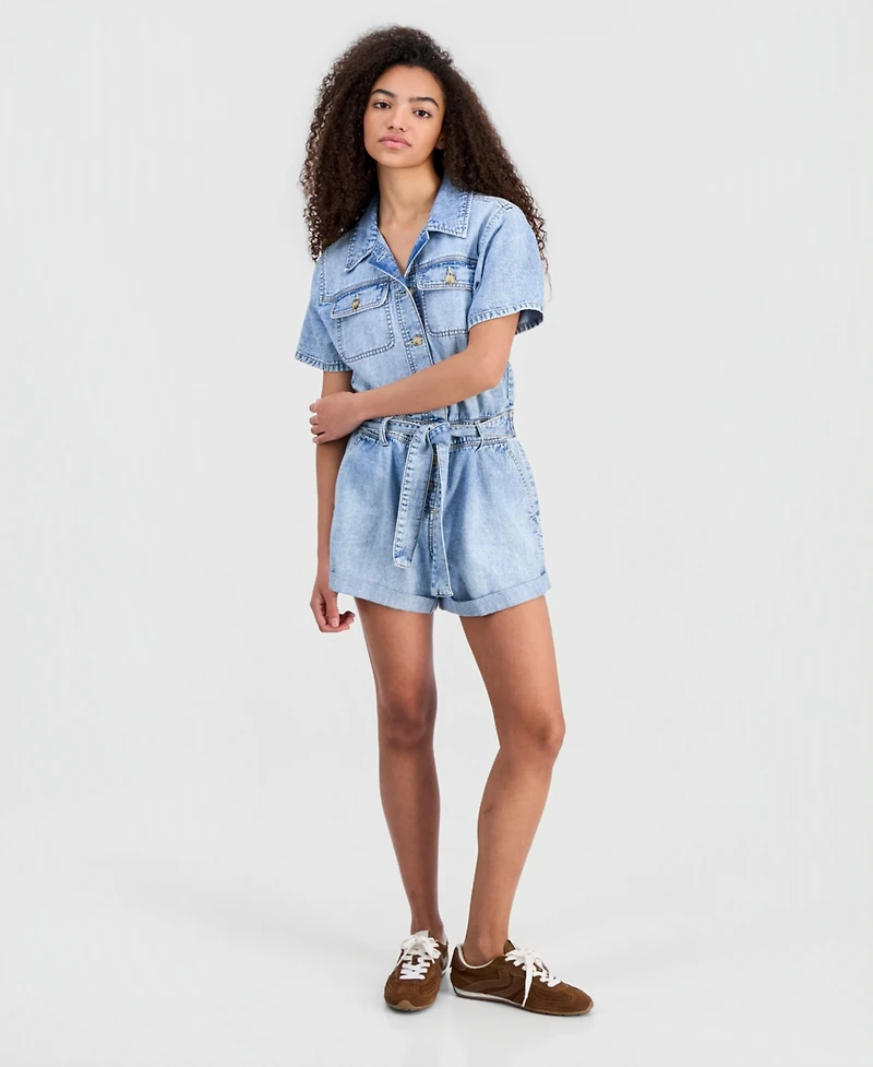 Celebrity Pink Juniors' Denim Short-Sleeve Romper