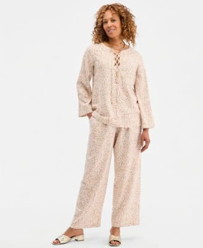 Jm Collection Womens Printed Lace Up Linen Blend Top Pull On Pants Macys Exclusive