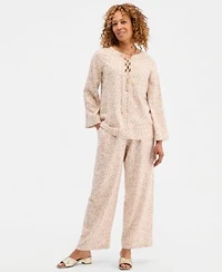 Jm Collection Womens Printed Lace Up Linen Blend Top Pull On Pants Macys Exclusive