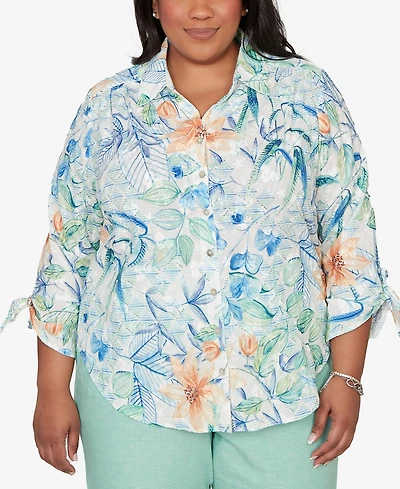 Alfred Dunner Plus Caribbean Blues Tropical Flower Eyelet Tie-Sleeve Top