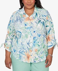 Alfred Dunner Plus Caribbean Blues Tropical Flower Eyelet Tie-Sleeve Top