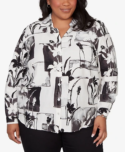 Alfred Dunner Plus Crowd Pleaser Floral Patchwork Button Front Top