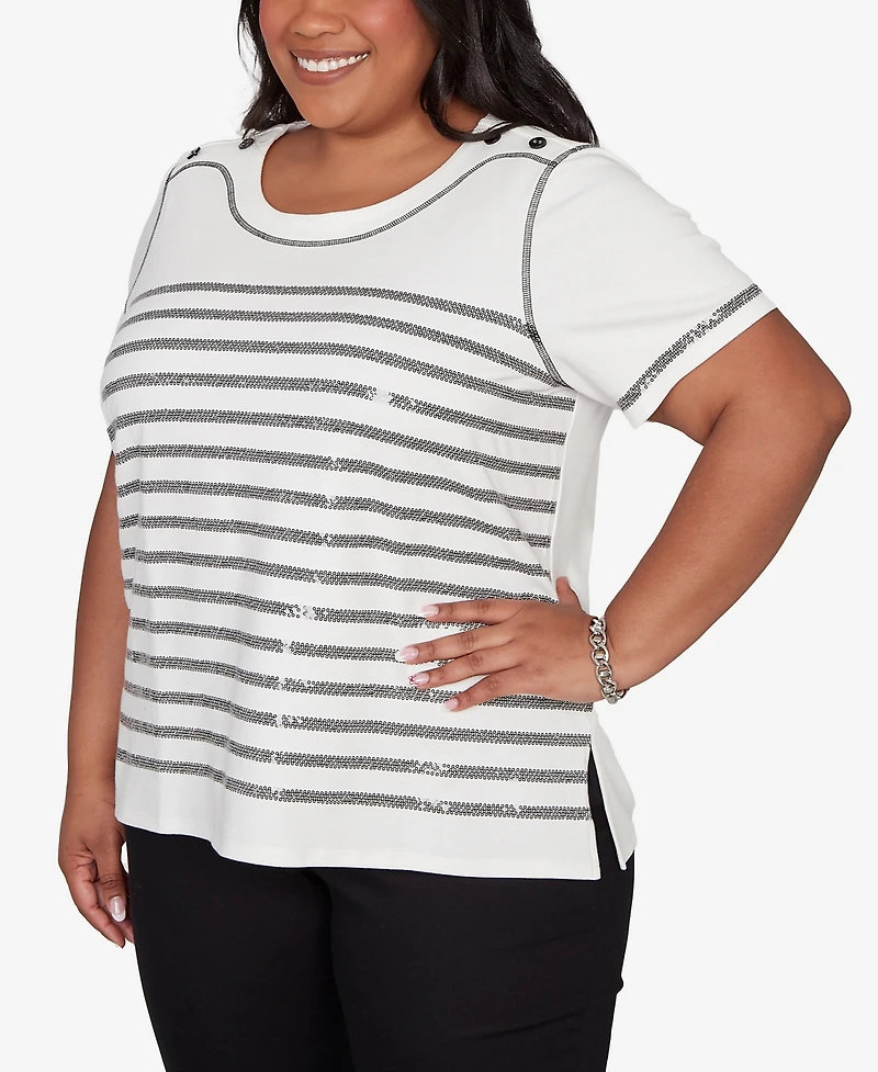 Alfred Dunner Plus Crowd Pleaser Flower Sequin Lace Border Top