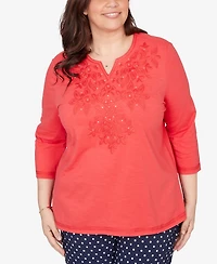 Alfred Dunner Plus Port Side Tonal Embroidered Split Neck Top