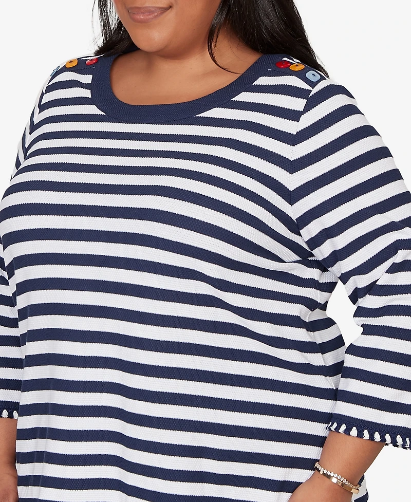 Alfred Dunner Plus Port Side Pique Stripe Button Detail Top