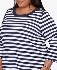 Alfred Dunner Plus Port Side Pique Stripe Button Detail Top