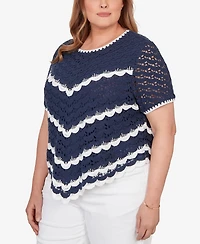 Alfred Dunner Plus Port Side Chevron Crochet Short-Sleeve Top