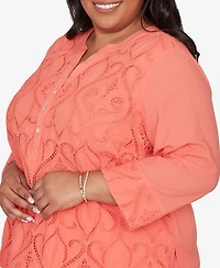 Alfred Dunner Plus Resort Living Textured Lace Scroll Henley Top