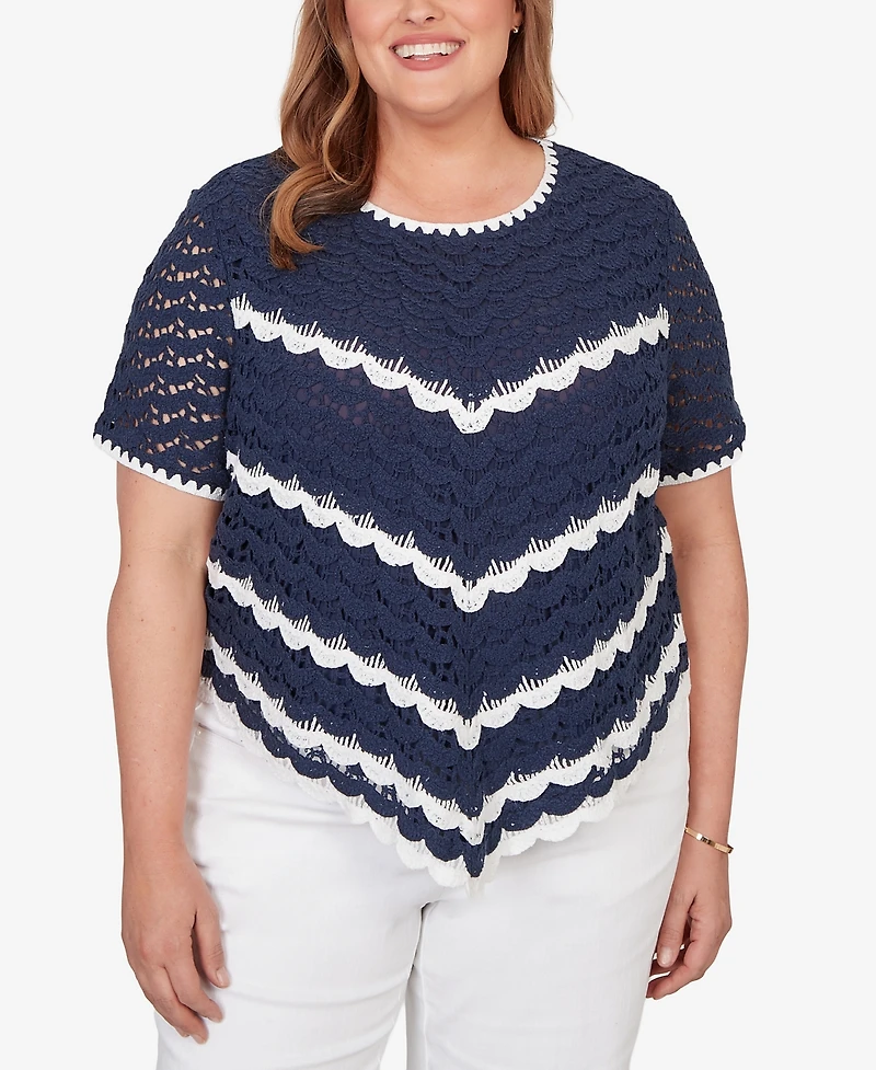 Alfred Dunner Plus Port Side Chevron Crochet Short-Sleeve Top