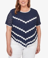 Alfred Dunner Plus Port Side Chevron Crochet Short-Sleeve Top