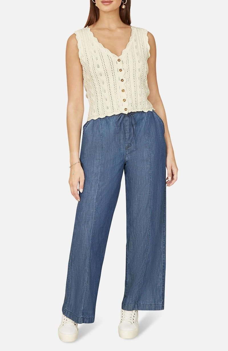 Yumi Women's V Neck Button Down Crochet Knitted Top