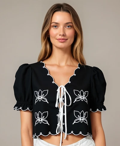 Modenaire Women's Bianca Puff Sleeve Tie-Front Embroidered Top