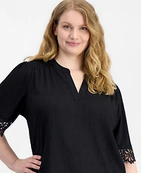 Anne Klein Plus Split-Neck Lace-Trim Elbow-Sleeve Top
