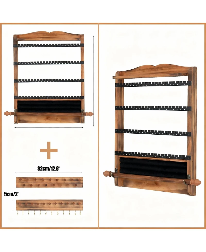 Yigii Antique Wood Wall Organizer Set: Earring, Necklace, Bracelet Holders & Shelf