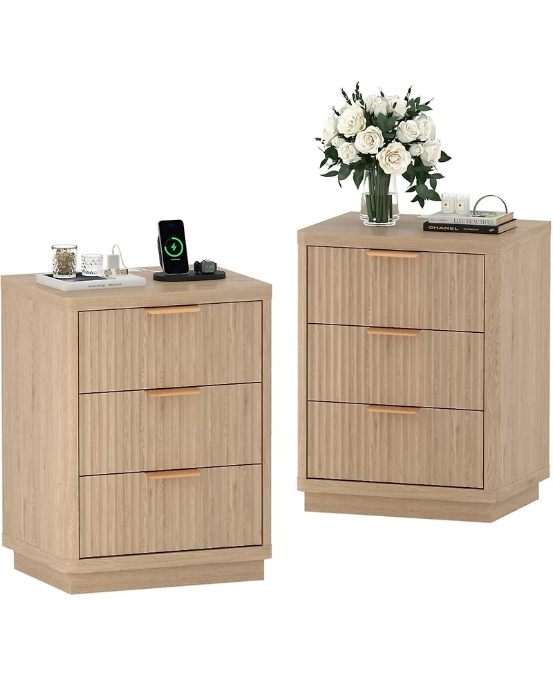 gaomon Fluted Nightstand with Charging Station, Mid Century Modern Fluted Nightstand