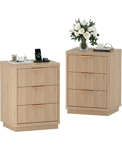 gaomon Fluted Nightstand with Charging Station, Mid Century Modern Fluted Nightstand