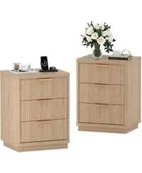 Gaomon Fluted Nightstand With Charging Station Mid Century Modern Fluted Nightstand 3 Drawers Wooden Nightstand