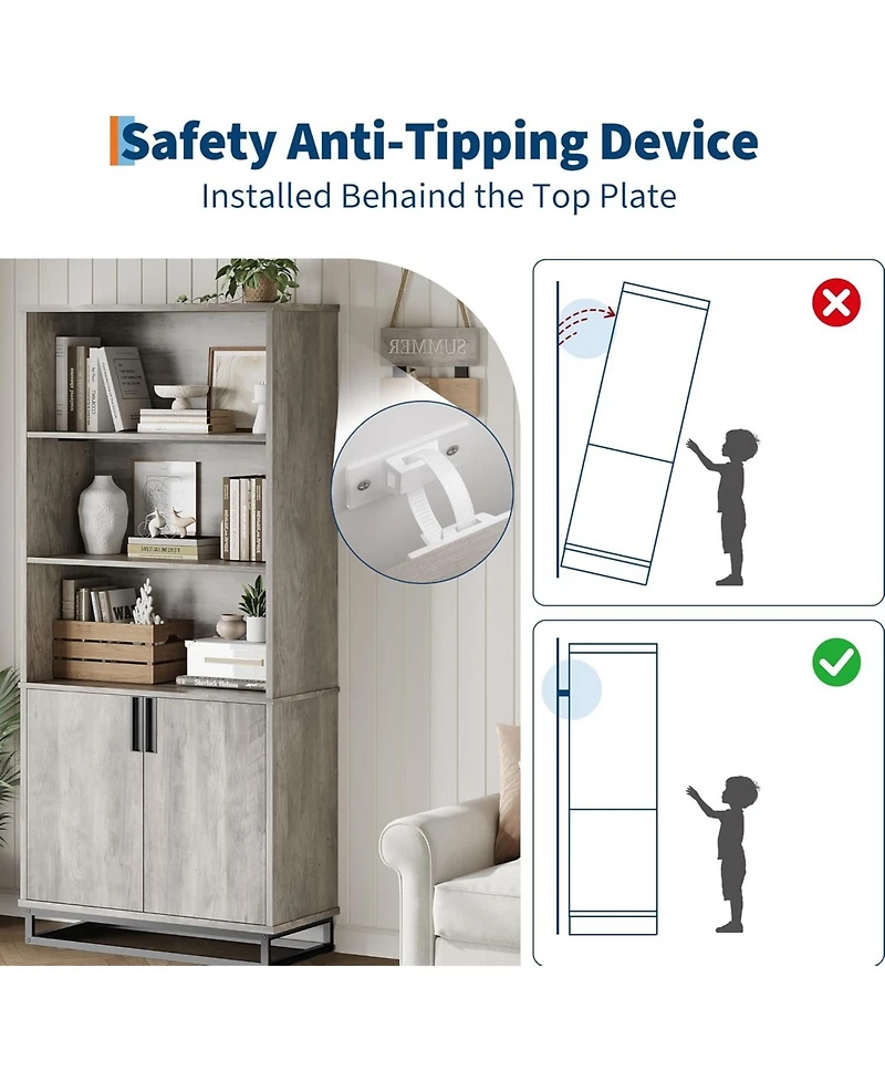 gaomon 70.6" Tall Bookshelf with Doors and Metal Base, 5-Tier Farmhouse Bookcase with Cabinet and Adjustable Shelves