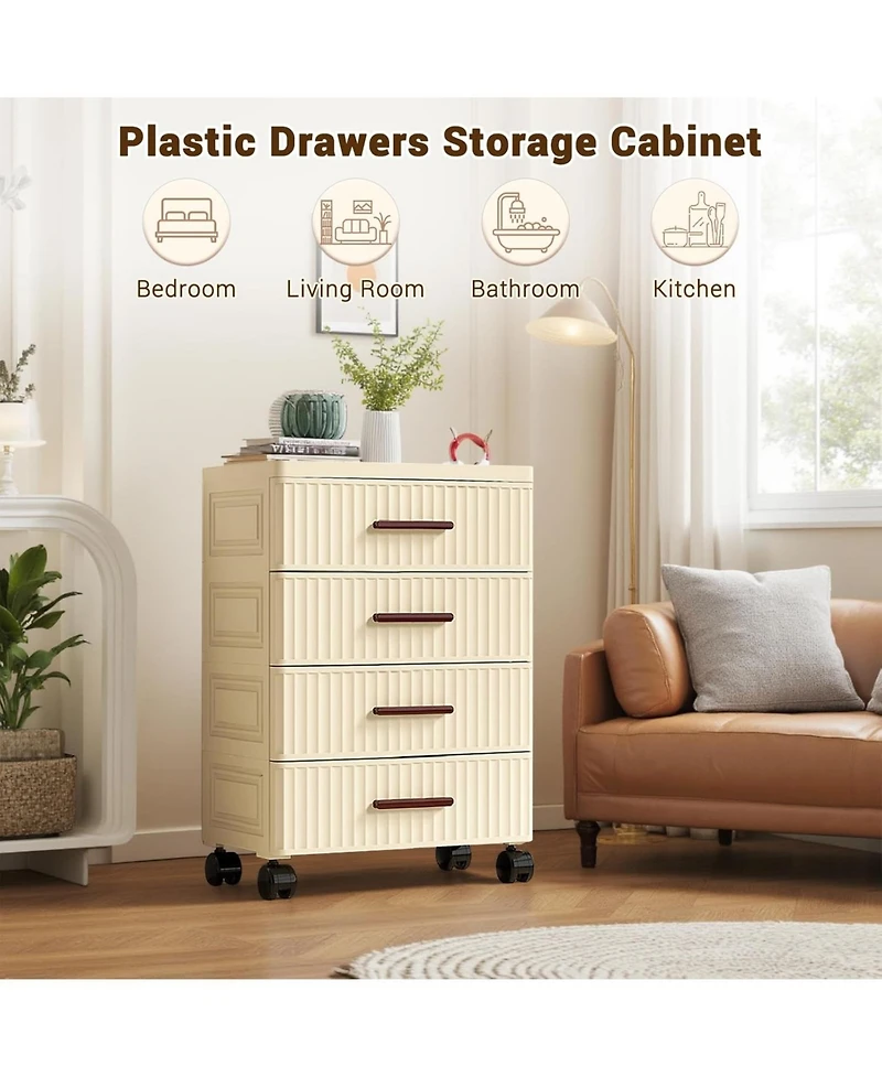gaomon 4 Tiers Plastic Drawer Storage On Wheels, Storage Chest of Drawers Tall Dresser, Pull Out Storage Bins for Bedroom