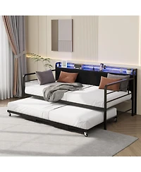 gaomon Daybed with Trundle and Led Light, Sturdy Metal Twin Size Bed Frame with Corduroy Upholstered Headboard and Charging Station
