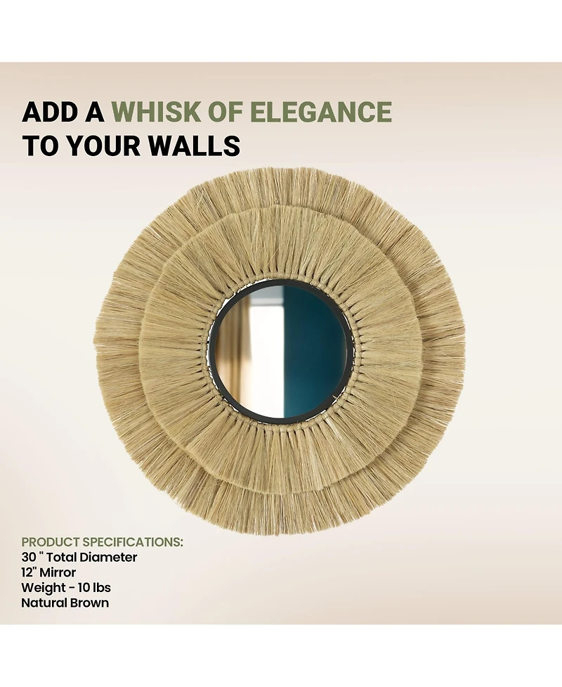 Wicker Village | Round Rattan Wall Mirror | Hanging Straw Boho Style Decorative Mirror, Pure Finish, Wall Mounted for Living Room & Bedroom