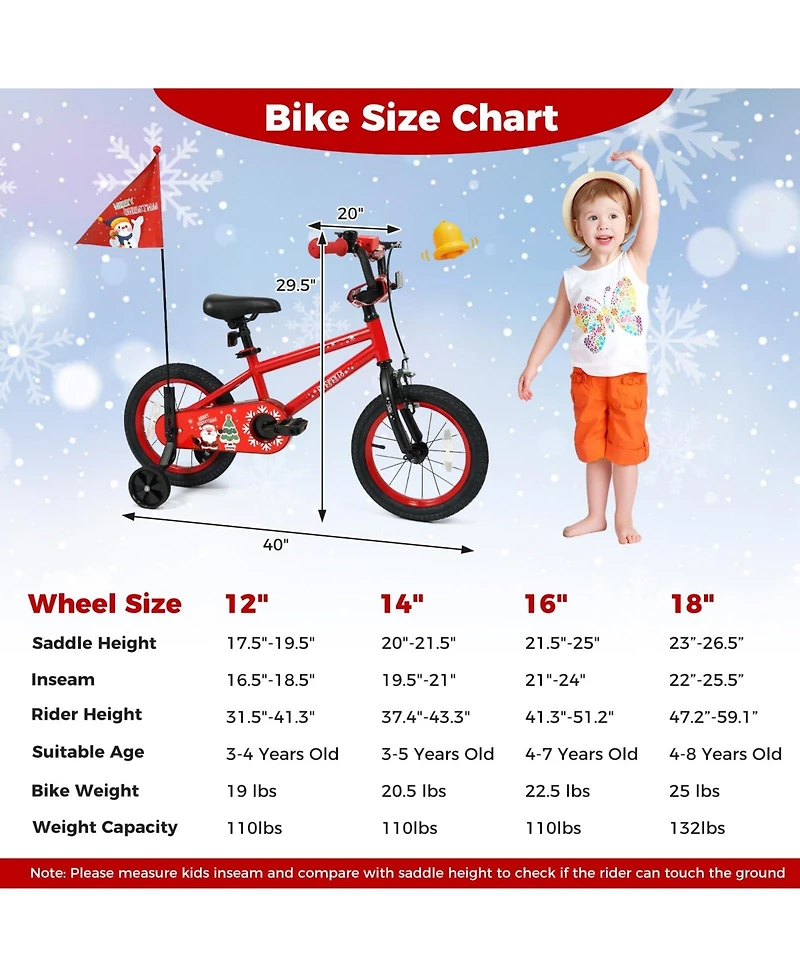 Mecale 14 Inch Kids Bike Adjustable with Christmas Music & Flag for Aged 4-5 Years Old
