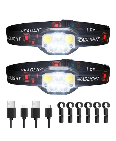 Mecale 2-Pack Rechargeable Led Headlamps, 12 Lighting Modes, Motion Sensor, Adjustable Headband, Lightweight