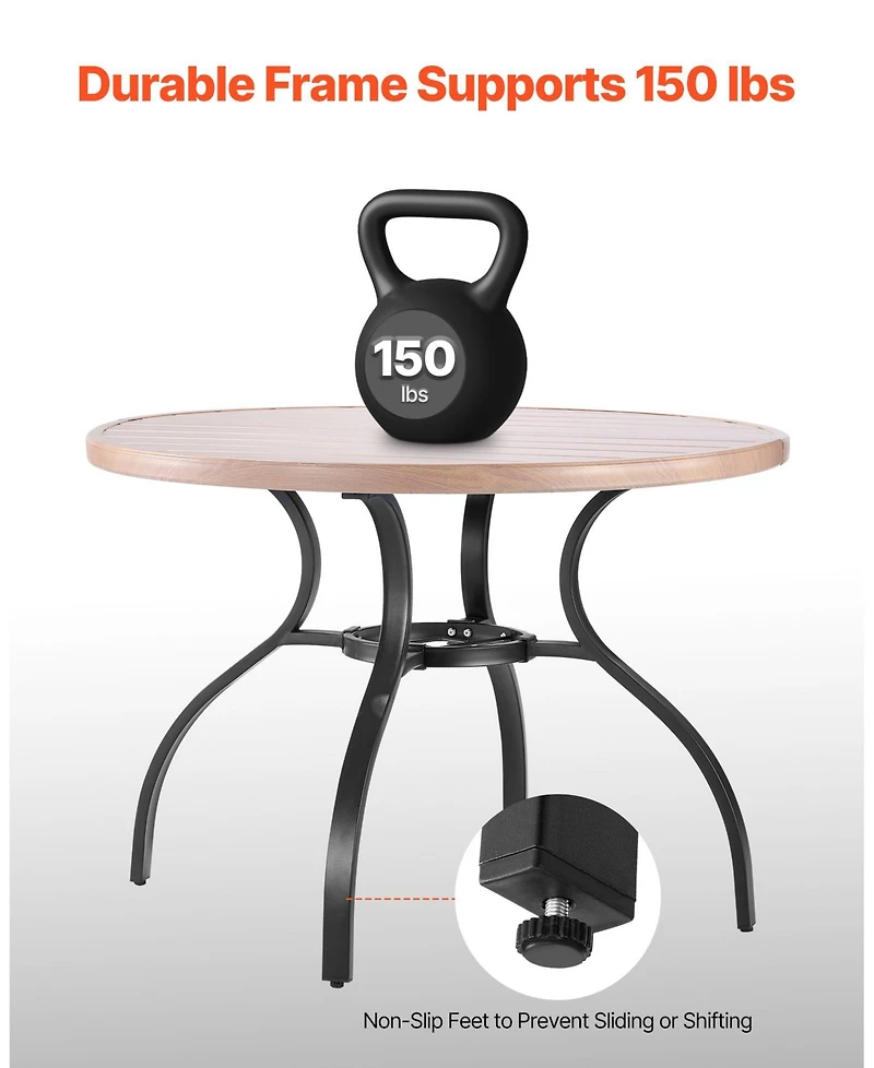 Mecale Round Outdoor Patio Dining Table with Wood-Like Steel Slats and 1.5" Umbrella Hole