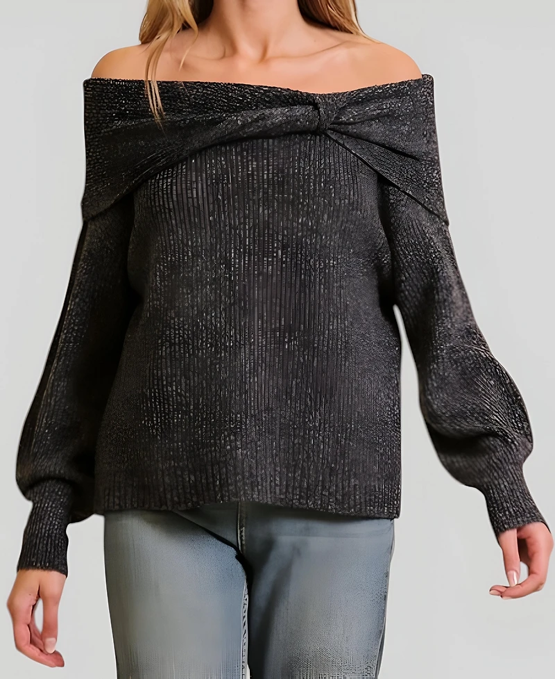 Modenaire Women's Off-Shoulder Metallic Knit Sweater Top