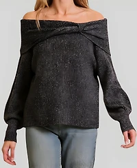 Modenaire Women's Off-Shoulder Metallic Knit Sweater Top