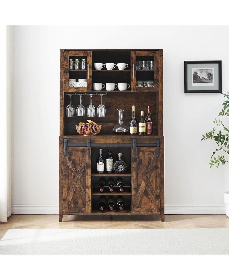 gaomon Rustic 70 Inch Tall Farmhouse Coffee Bar Cabinet with Sliding Barn Doors Ample Storage Shelves Wine Racks and Glass Holder