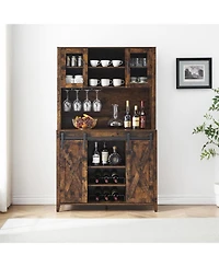 gaomon Rustic 70 Inch Tall Farmhouse Coffee Bar Cabinet with Sliding Barn Doors Ample Storage Shelves Wine Racks and Glass Holder