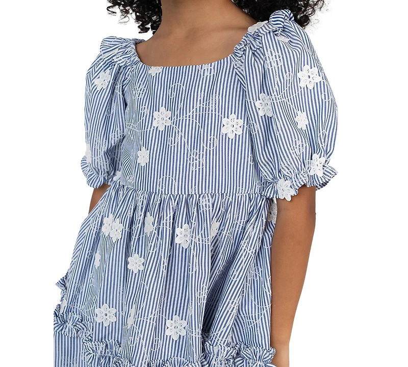 Rare Editions Girls' 2T-6X Striped Embroidered Flutter Sleeve Dress