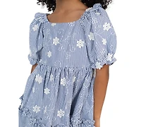 Rare Editions Girls' 2T-6X Striped Embroidered Flutter Sleeve Dress