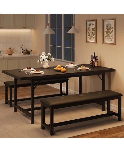 gaomon Dining Table Set for 4-6 63 Inch Extendable Wood Dining Room Table with Corner Protector and 2 Upholstered Benches Kitchen Table