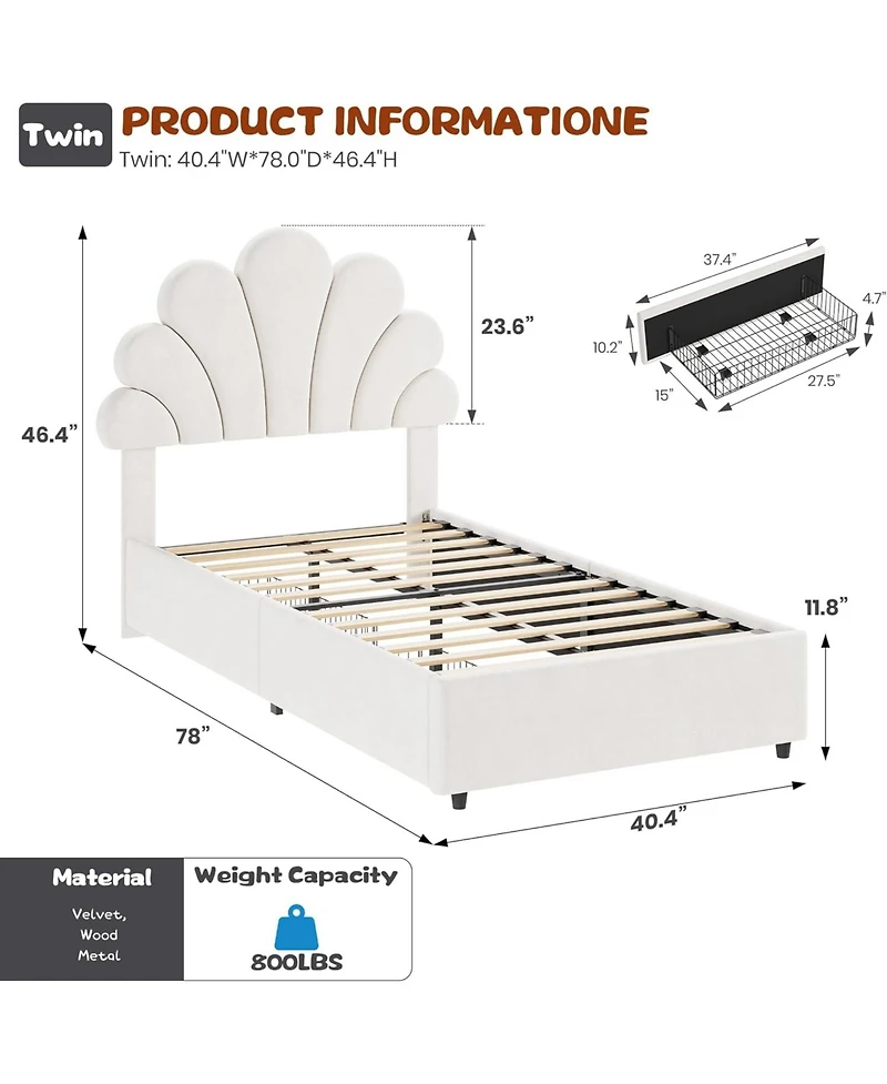 gaomon Twin Bed Frame for Kids with 2 Storage Drawers, Cute Velvet Princess Platform Upholstered Headboard Girls, Boys, Solid Wood